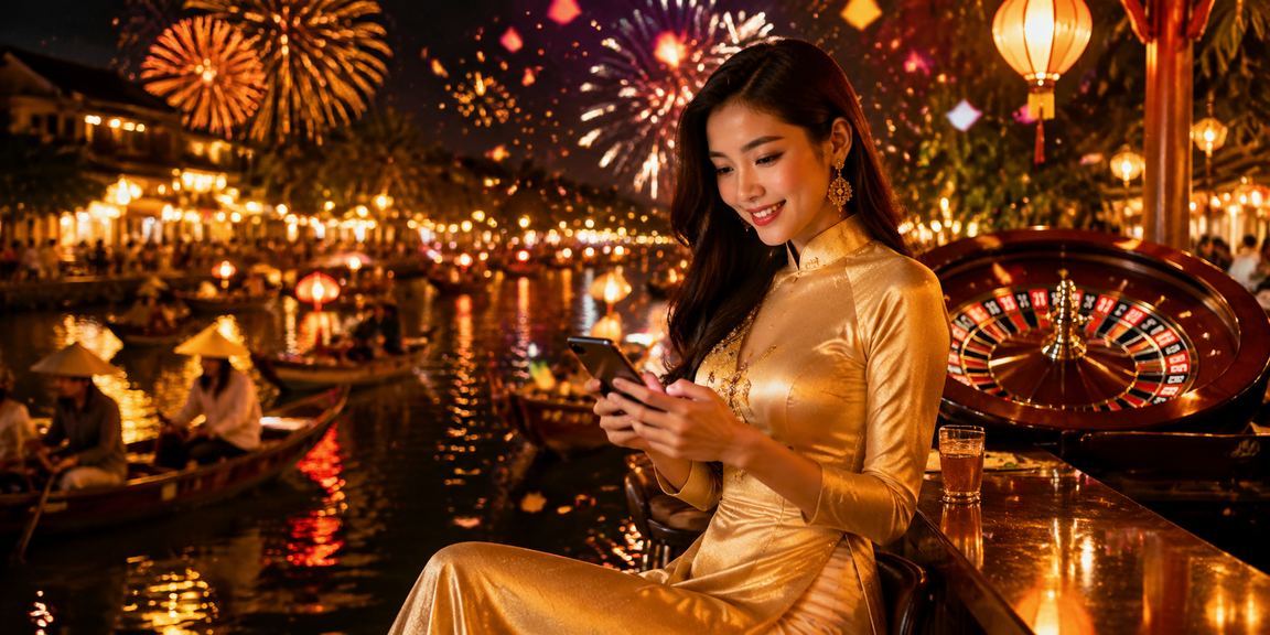 Người phụ nữ mặc áo dài chơi roulette trực tuyến bên dòng sông Mekong
